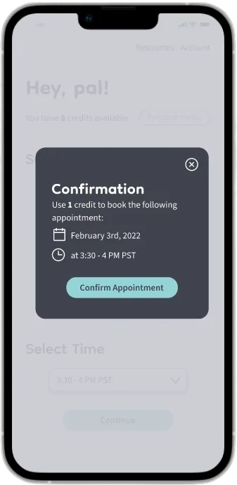 Confirmation dialog: use one credit to book February 3rd, 3:30 to 4 PM