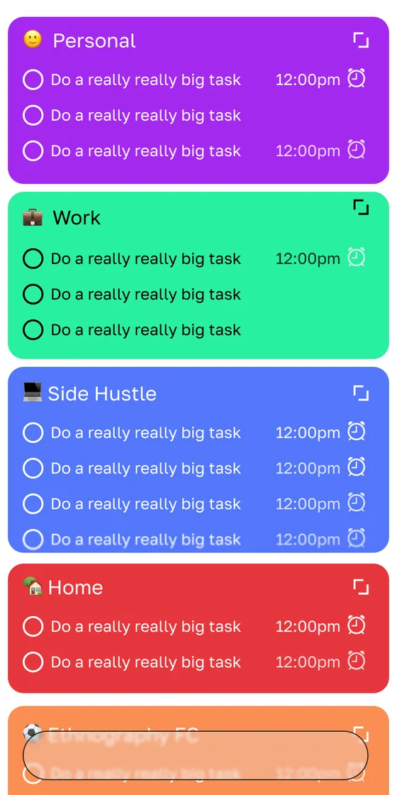 Early mockup of Mani's home screen: colored section cards, each listing placeholder tasks with due times