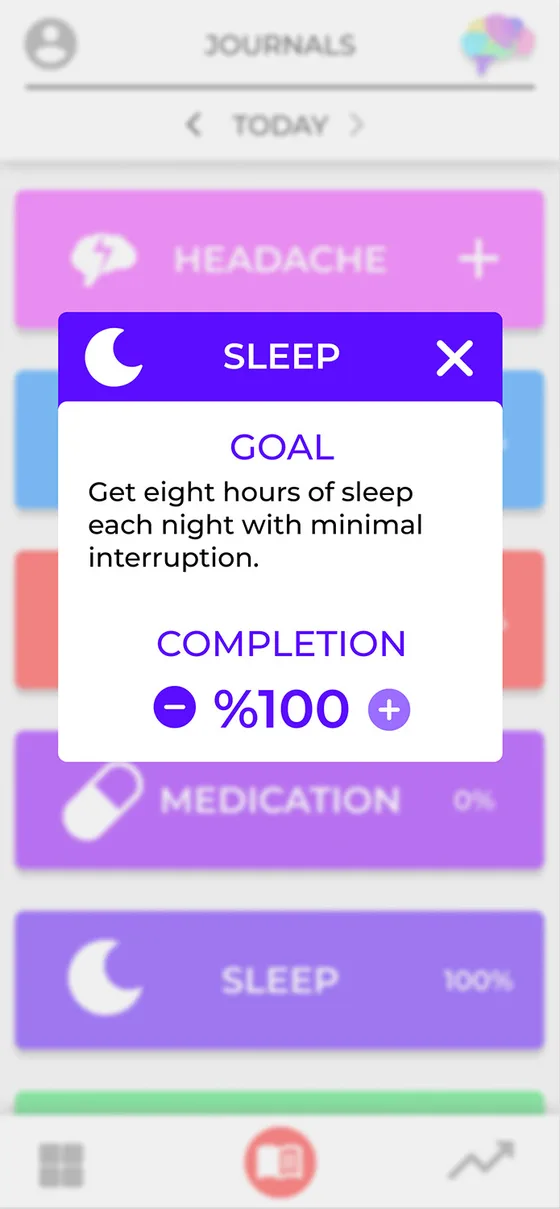 Sleep goal dialog: eight hours a night, 100% complete
