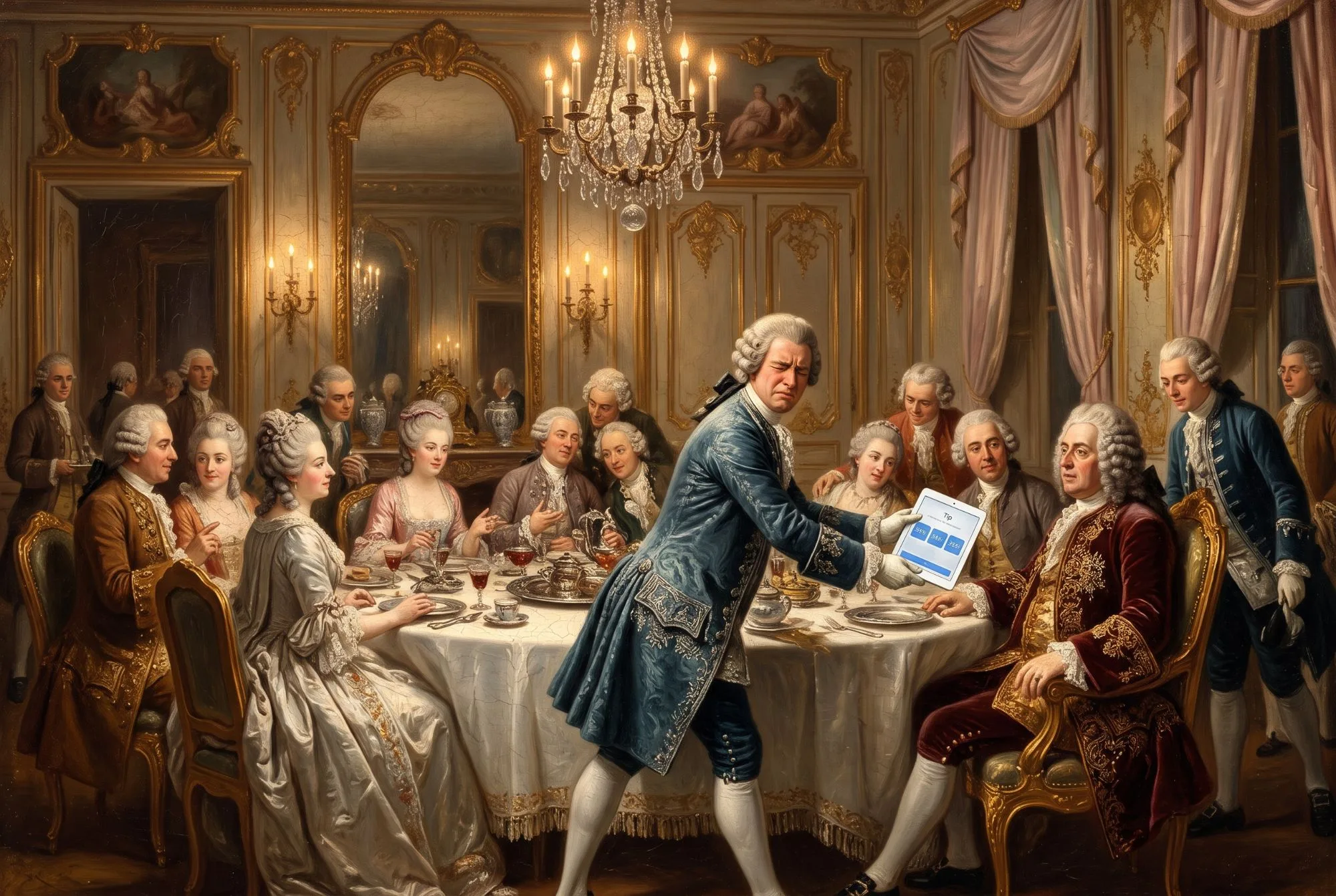A Rococo-style painting of an aristocratic dinner party in a gilded salon. A footman in a blue coat holds an iPad showing a tip screen out to the nobleman at the head of the table, wincing and turning his face away, while the guests look on.