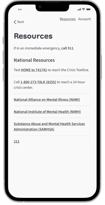 Resources screen listing crisis lines and national mental health organizations