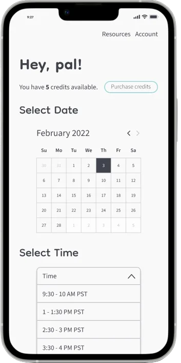 Scheduling screen with a February 2022 calendar and a time dropdown
