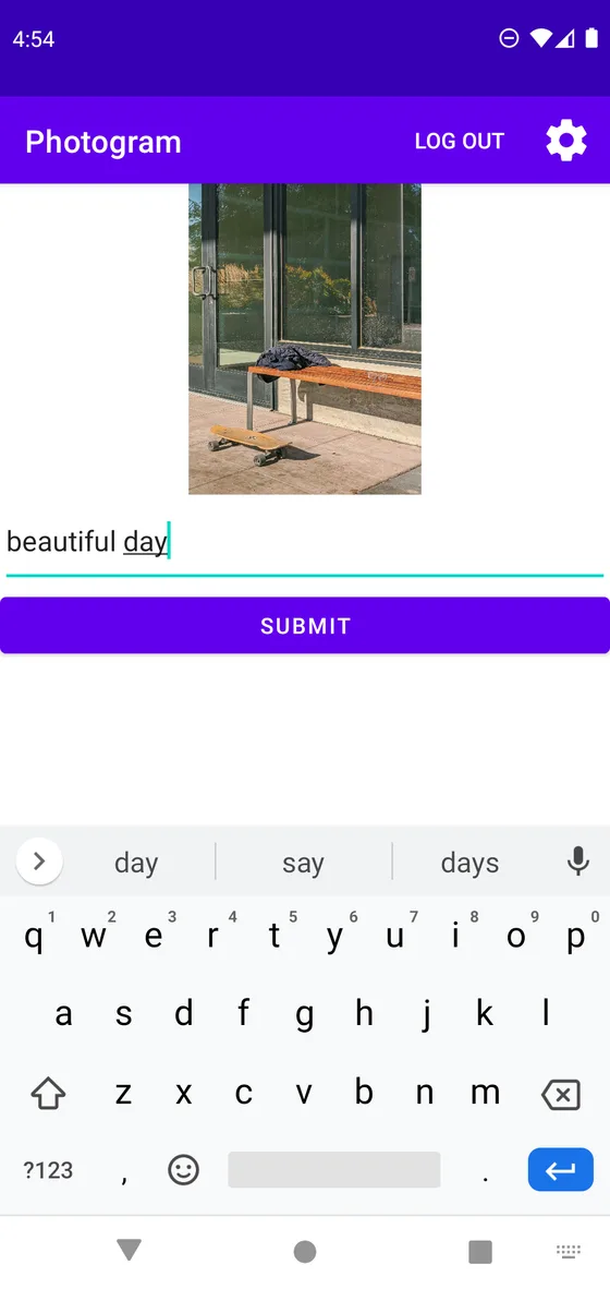 Posting screen with a photo and the caption "beautiful day"